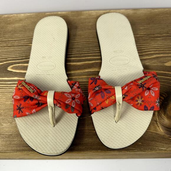 Havaianas Bege Palha Sandals Red Floral Fabric Thongs SZ 7/8 - 39/40 Beach Boho - Picture 3 of 7